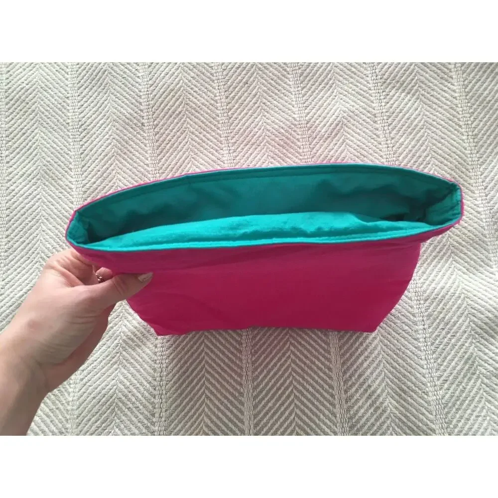 Zipper Pouch Bag Vintage Estee Lauder Hot Pink Teal Cuffed Plastic Lined 1980s